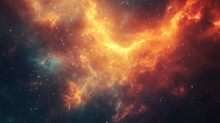 Vibrant cosmic explosion depicting fiery hues of orange and gold in vast space, filled with stars and dark nebula textures.