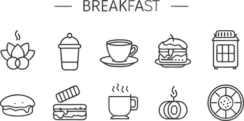 Breakfast Menu Coffee, Tea, Cakes, Pancakes, Toaster Icons