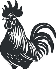 Illustration of a stylized rooster in black and white showcasing its feathers and proud stance.
