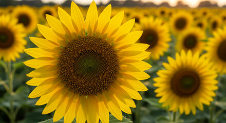 Obraz premium A vibrant sunflower field basking in the golden sunset light, radiating warmth and summer joy with a shallow depth of field and soft focus.