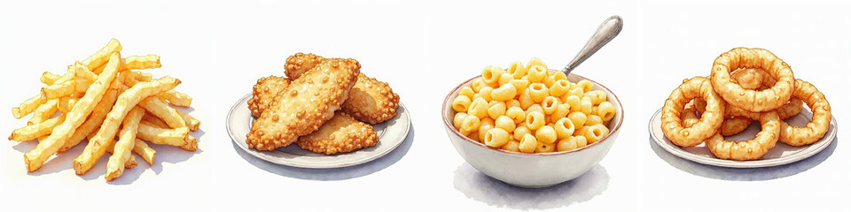 Watercolor American diner food illustration featuring onion rings, mac and cheese, fried chicken, and fries..