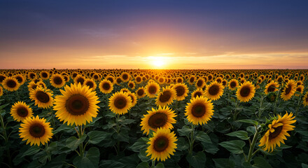 Obraz premium A breathtaking sunset paints the endless sunflower field in warm golden hues, creating a scene of serene beauty and natural wonder.