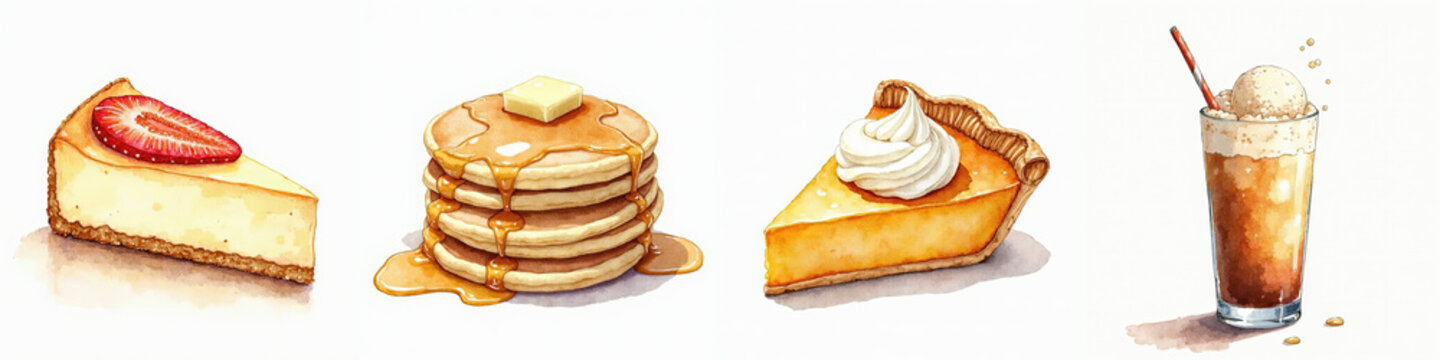 Watercolor American diner desserts: root beer float, pumpkin pie, pancakes, and cheesecake on white background.