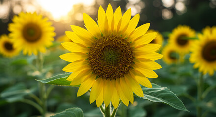 Obraz premium A radiant sunflower basking in the golden hour's embrace, its vibrant petals reaching for the sun amidst a field of similar blooms, bathed in soft, warm light.