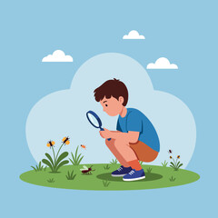 Fototapeta premium A curious boy examining insects with a magnifying glass in a vibrant garden under a clear blue sky, flat vector illustration