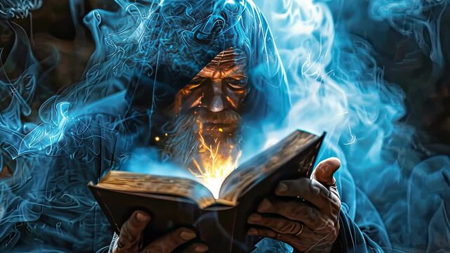 an old man with a magic book. selective focus