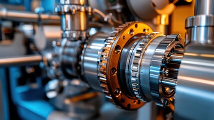 Obraz premium A heavy-duty gear transmission system inside a high-performance industrial machine, bathed in soft blue and silver tones, with copy space