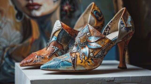 Hand-painted artistic high heels colorful unique bespoke footwear fashion with abstract floral design
