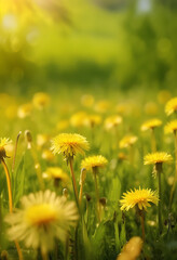Vibrant High-Definition Illustration of a Sunlit Field with Bright Yellow Dandelions