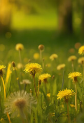 Obraz premium Vibrant High-Definition Illustration of a Sunlit Field with Bright Yellow Dandelions