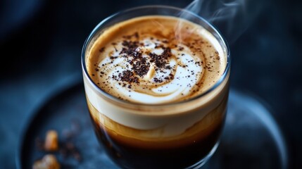 Steaming cappuccino with frothy milk and cocoa in glass cup for cozy coffee break