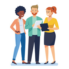 Obraz premium three-diverse-business-partners-standing-and-discus vector image on white background