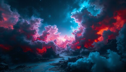 Swirling nebula showcases pink, blue, red, and orange gases forming reef-like structures in deep space.