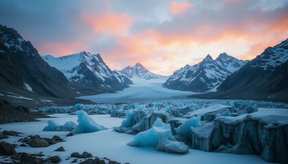 Majestic granite peaks, platinum snow, turquoise ice, lavender glow, twilight sky, serene glacial valley.