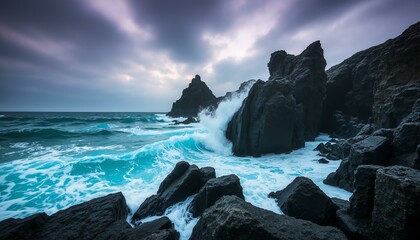 Obraz premium Dramatic basalt sea stacks endure turquoise waves under a stormy sky; rugged coastal landscape.