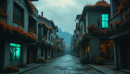 Fototapeta premium Abandoned city market; weathered skyscrapers covered in moss, lichen, and fungi under a twilight sky.
