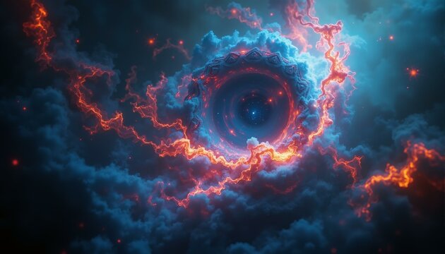 Cosmic nebula swirls with blue, orange, and violet hues; hints of star formation in deep space.