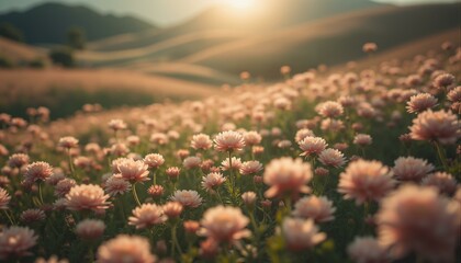 Naklejka premium Fields of blush pink and apricot scabiosa flowers sway gently under the late afternoon sun.