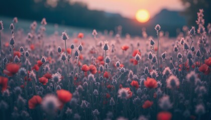 Obraz premium Twilight meadow filled with lavender, thistle, poppies; dreamy, mysterious landscape bathed in soft colors.