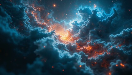 Obraz premium Nebula swirls display indigo, cerulean, crimson, and gold hues; cosmic dust creates a shimmering, ethereal scene.