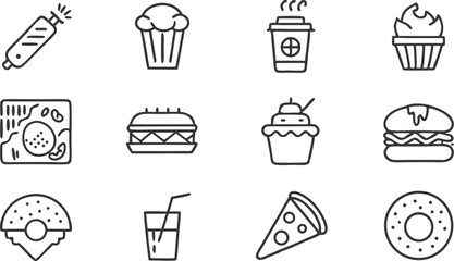 Food Icons Pizza, Burger, Donut, Coffee, Cupcake, Drink