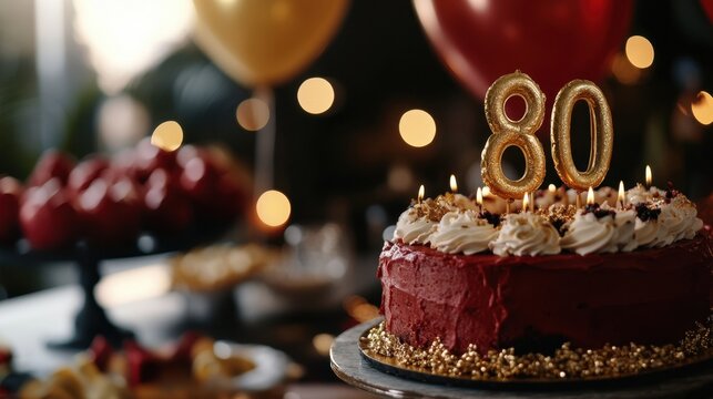 Elegant 80th birthday celebration with red velvet cake and candles in festive setting