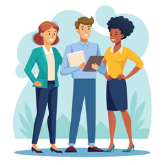 Obraz premium three-diverse-business-partners-standing-and-discus vector image on white background 