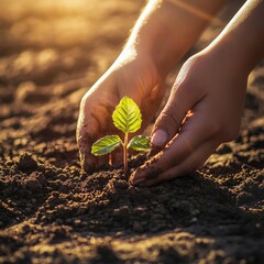 April Earth Day Sapling Hope Hands planting a sapling in cracked soil dramatic sun rays focus on growth hope aspect ratio warm vs cool tones Image