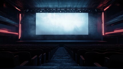 Naklejka premium Empty Cinema Theater with Large Screen and Neon Lights