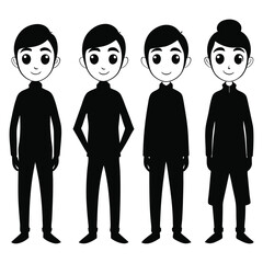 Black and White Cartoon Characters in Various Outfits and Styles