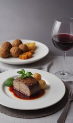 Delicious gourmet dish served with wine and gourmet side dishes presented elegantly on a dining table at night