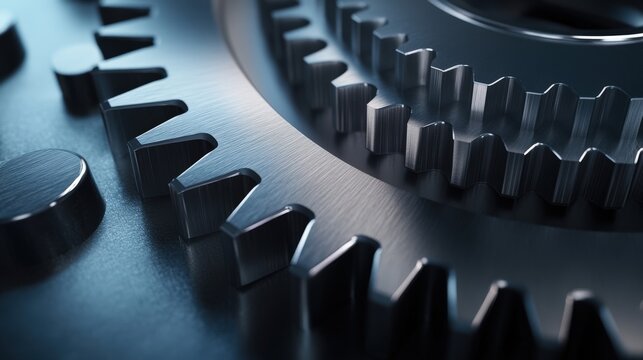 A cinematic macro shot of a large gear finely machined teeth, showing high-quality craftsmanship and engineering excellence, with copy space