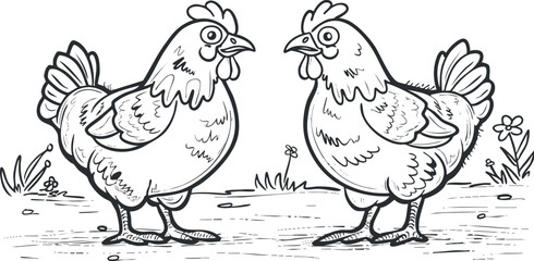 Two cartoon chickens standing in a rural setting surrounded by flowers and grass.