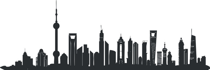 Obraz premium A detailed silhouette of an urban skyline featuring various skyscrapers and landmarks.
