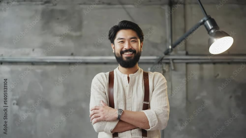 Poster a gentleman with a bushy beard and suspenders standing confidently, perfect for illustrations or edi