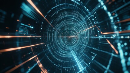 Abstract digital tunnel with glowing lines and data streams