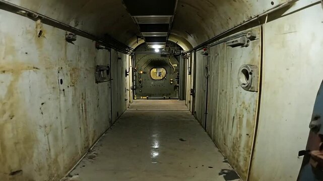 Exploring a dimly lit, curved underground passage with heavy metal doors