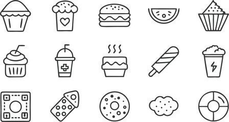 Sweet Treats, Savory Bites Food Icons Collection of Cupcakes, Burgers, and More