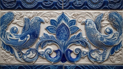 Intricate ceramic tile shows glossy blue floral patterns with traditional white backdrop