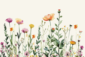 Watercolor floral horizontal border. Diverse meadow pink poppies, violet, orange, blue, yellow flowers, green branches.