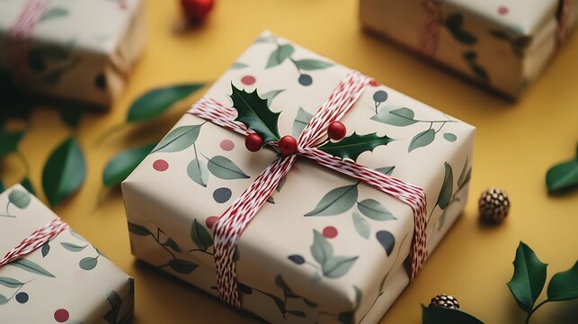 Wrapped Presents with Striped Twine, Leaves, and Berries Pattern on Yellow Background