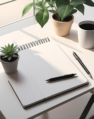 Minimalist desk with a closed notebook, black pen, and potted plant, soft natural light, clean and organized vibe


