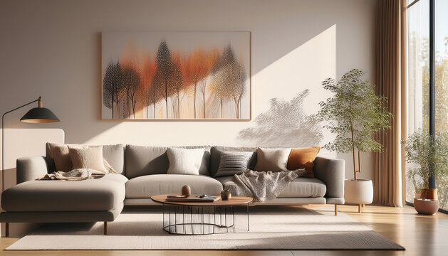modern living room with sunlit artwork and cozy gray sofa