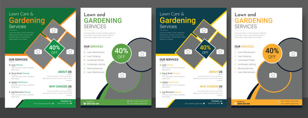 Lawn and gardening service flyer design template. Tree and gardening service poster leaflet design. Vibrant marigolds thriving in a circular garden bed. Creative compositions of colorful palm leaves. 
