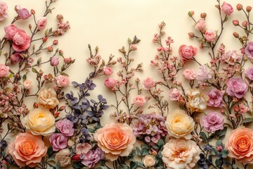 Floral arrangement of roses and other flowers against a light background, creating a soft, colorful display