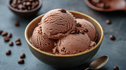 Chocolate coffee ice cream ball in a bowl 