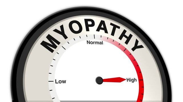 Myopathy text or word shown with a barometer or tachometer-style gauge, representing varying levels of muscle weakness and severity related to muscle diseases