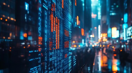 Obraz premium Futuristic Cityscape with Digital Stock Market Display, A futuristic cityscape at night with digital stock market data displayed on a glass wall