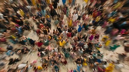 Obraz premium Blurred aerial view shows many people walking together in a public space.