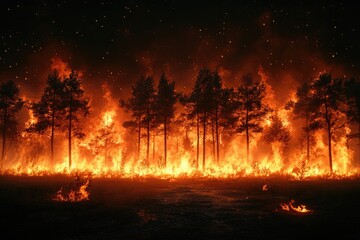 Burning forest at night with intense flames consuming trees, glowing with bright orange intensity